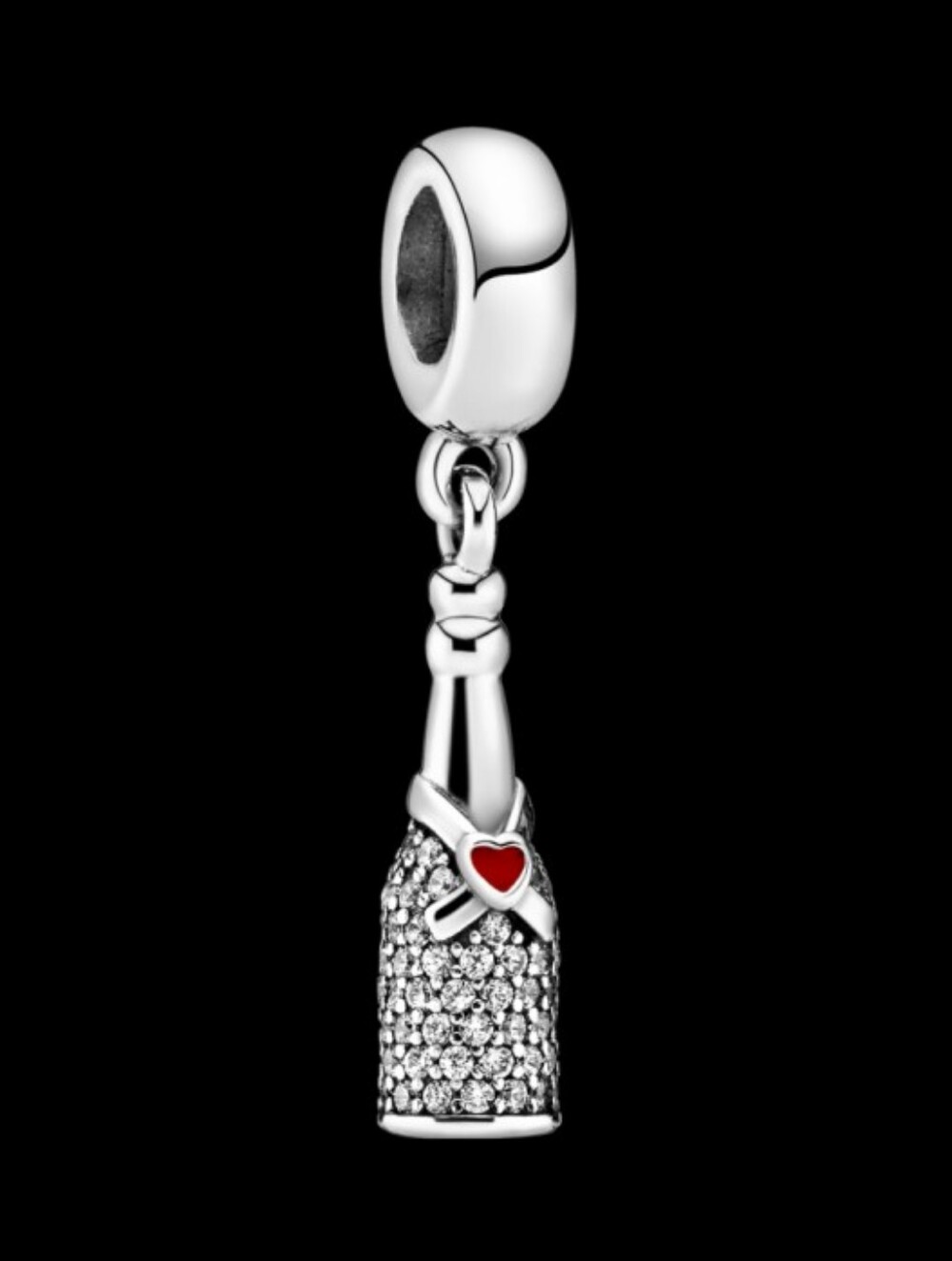 Pandora Silver Champagne Bottle Charm with Red Heart Accent